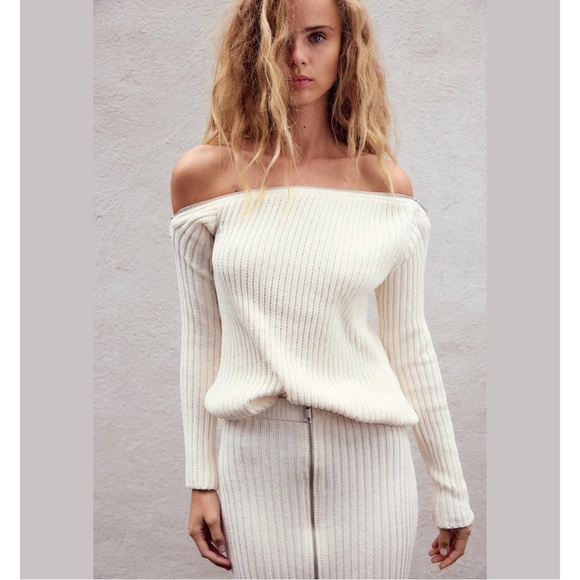 Zara Sweaters - Zara Cream Off-the-Shoulder Sweater with Ribbed Knit